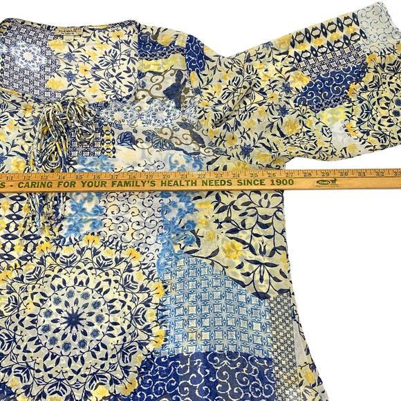 One World Live and Let Live Blouse Plus Sz 3X Blue Yellow Sheer 3/4 Sleeve Boho - Picture 5 of 12